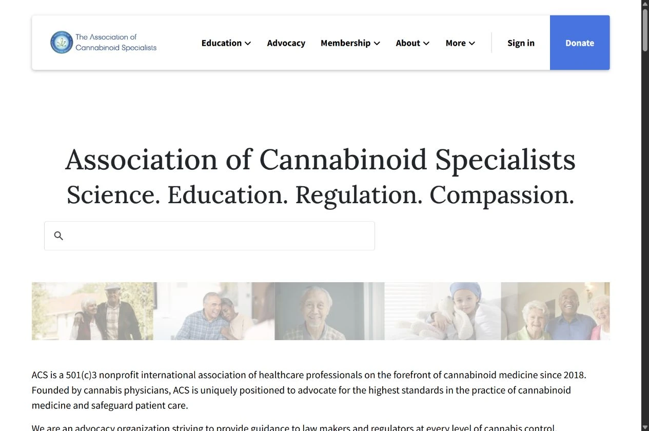 Association of Cannabinoid Specialists website, introducing its education and advocacy mission.