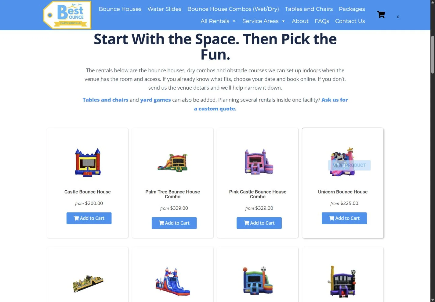 Best Bounce indoor rental page with inflatable options for events.