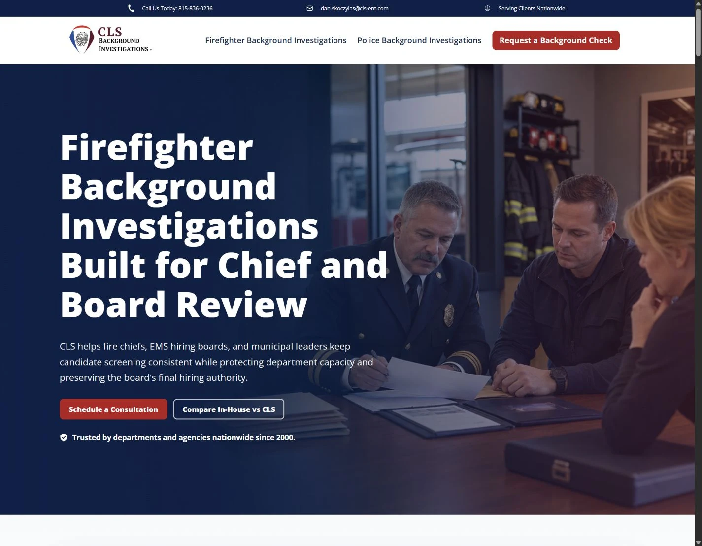 CLS firefighter background investigations page showing its fire-chief and hiring-board photograph, service headline and consultation options.