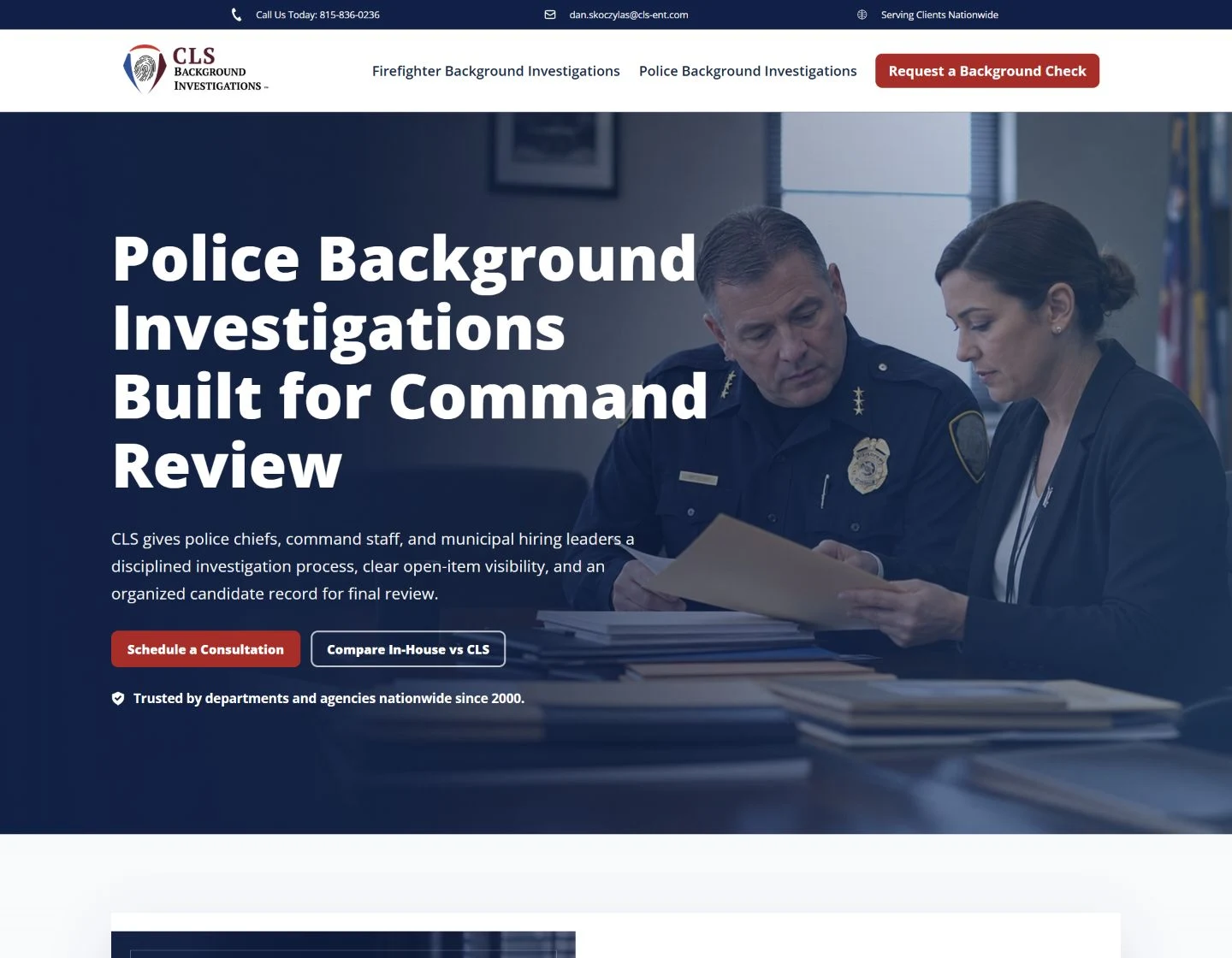 CLS police background investigations page with its fully loaded command-staff photograph, service headline and inquiry options.