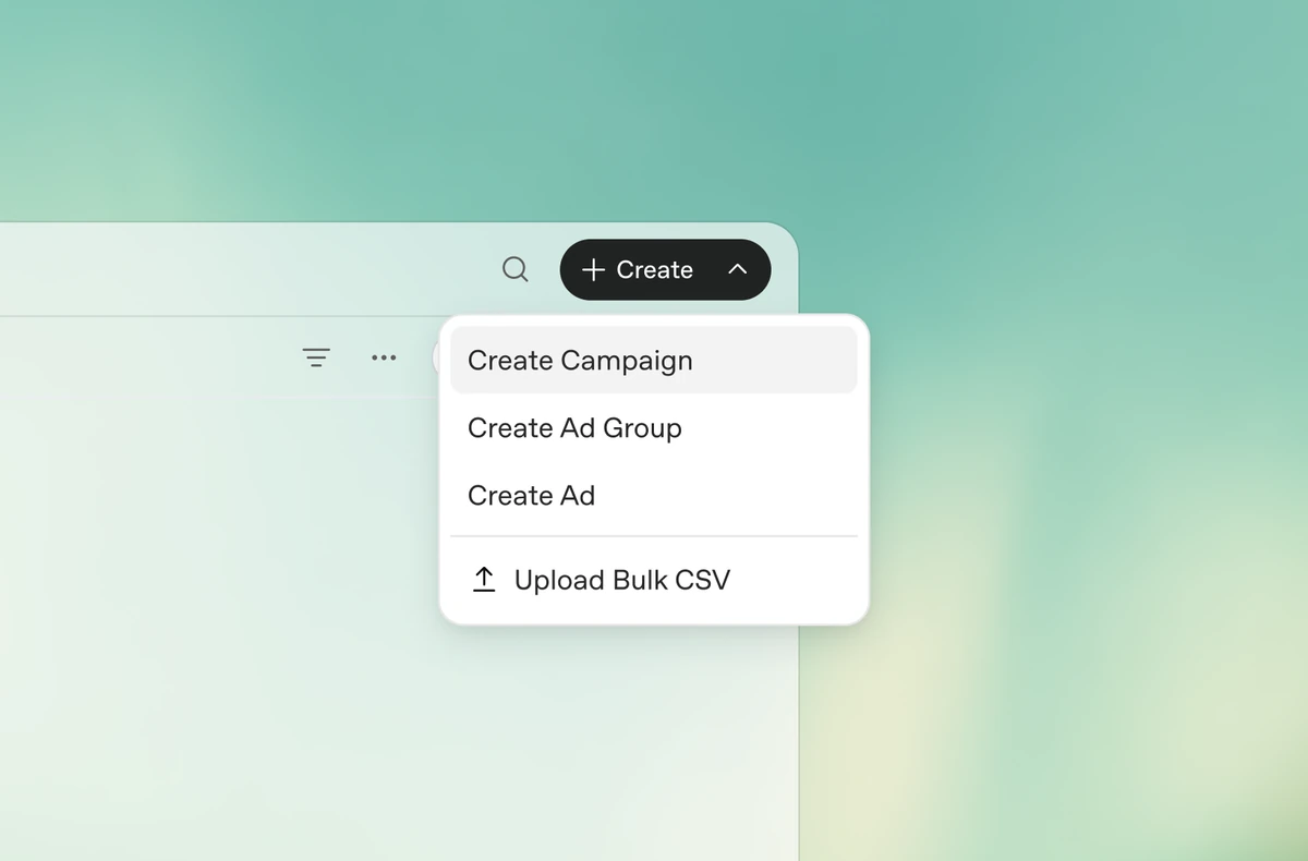 OpenAI Ads Manager menu for creating campaigns, ad groups and ads.