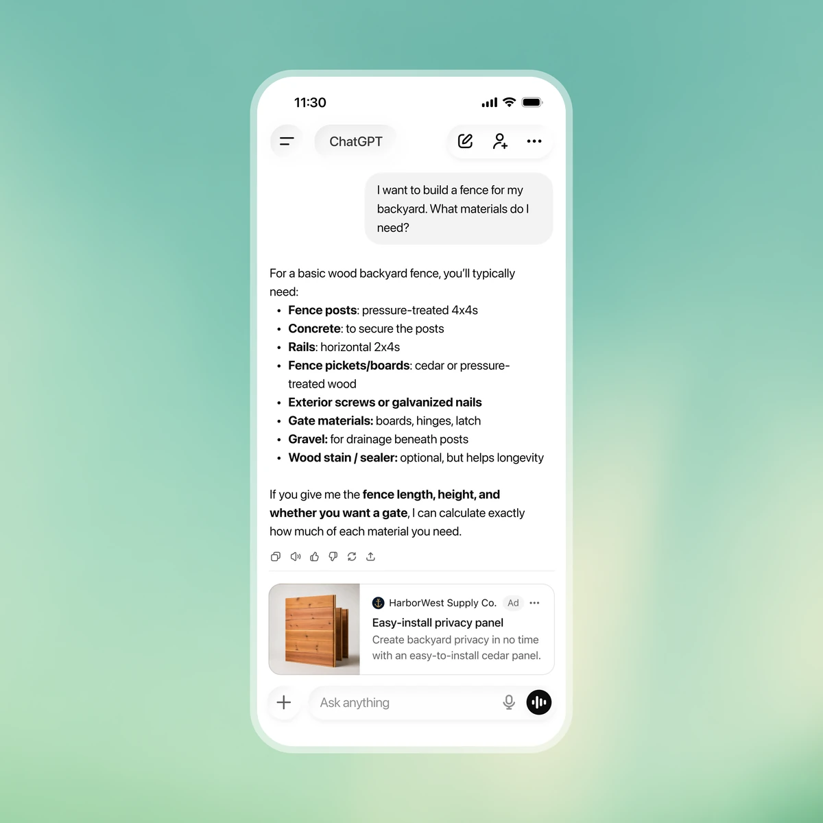 OpenAI’s ChatGPT interface showing a backyard-fence conversation with a HarborWest Supply Co. cedar-panel ad beneath the answer.