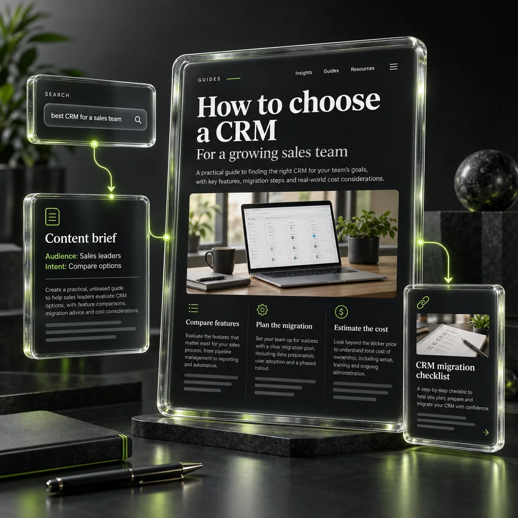 Illustrated content SEO workflow connecting a CRM search query and audience brief to a comparison article and related migration guide.