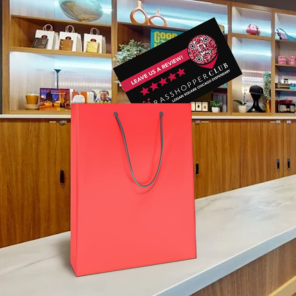 Grasshopper Club review card and shopping bag design with a QR code linking to its Google Business Profile.