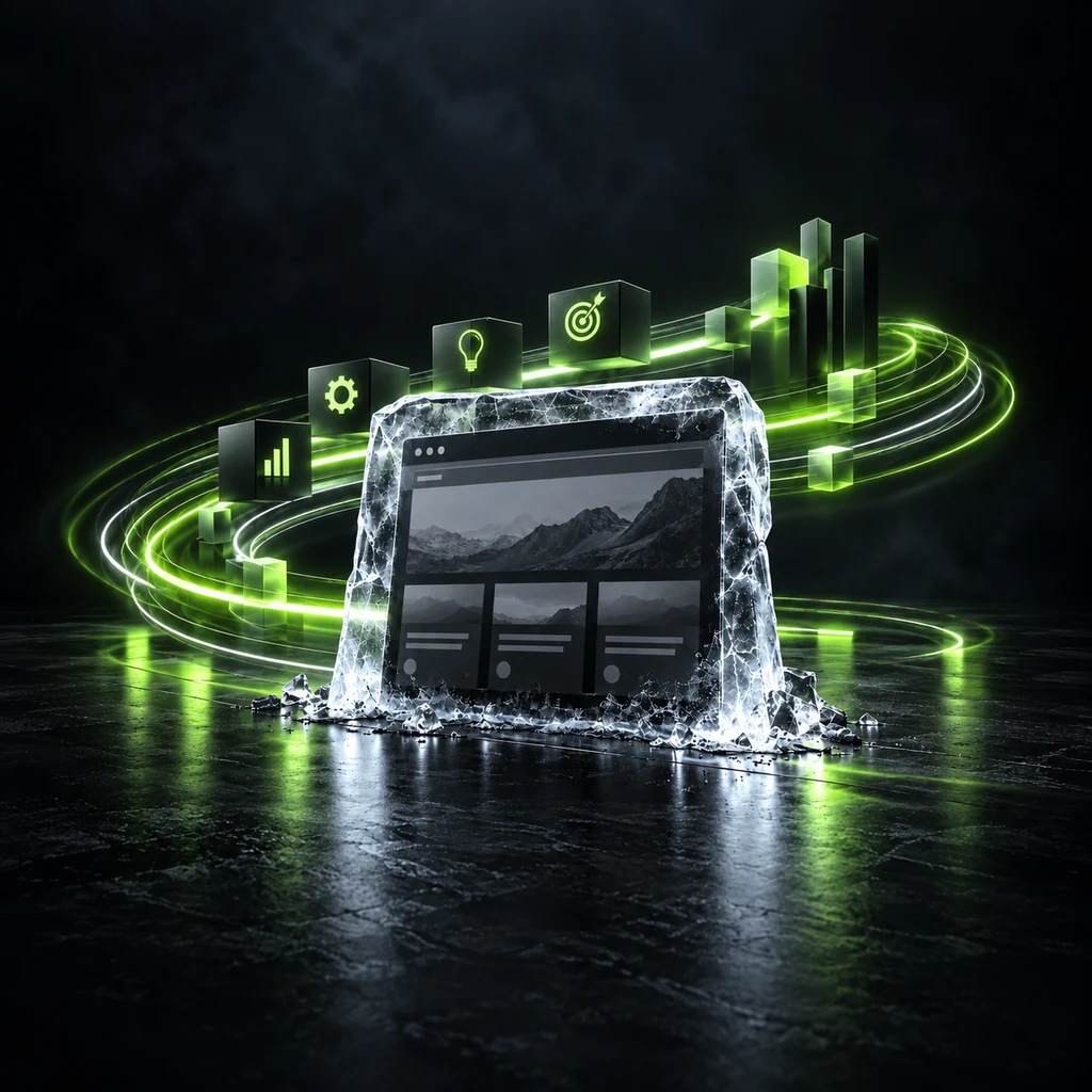 A website screen encased in ice, surrounded by glass blocks and flowing green light.