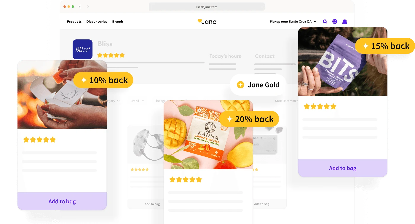 Jane Gold menu and product cards for Wyld, BITS and Kanha displaying example cash-back offers.