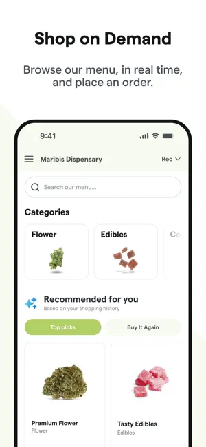 Maribis published iPhone app artwork showing its Dutchie shopping menu.