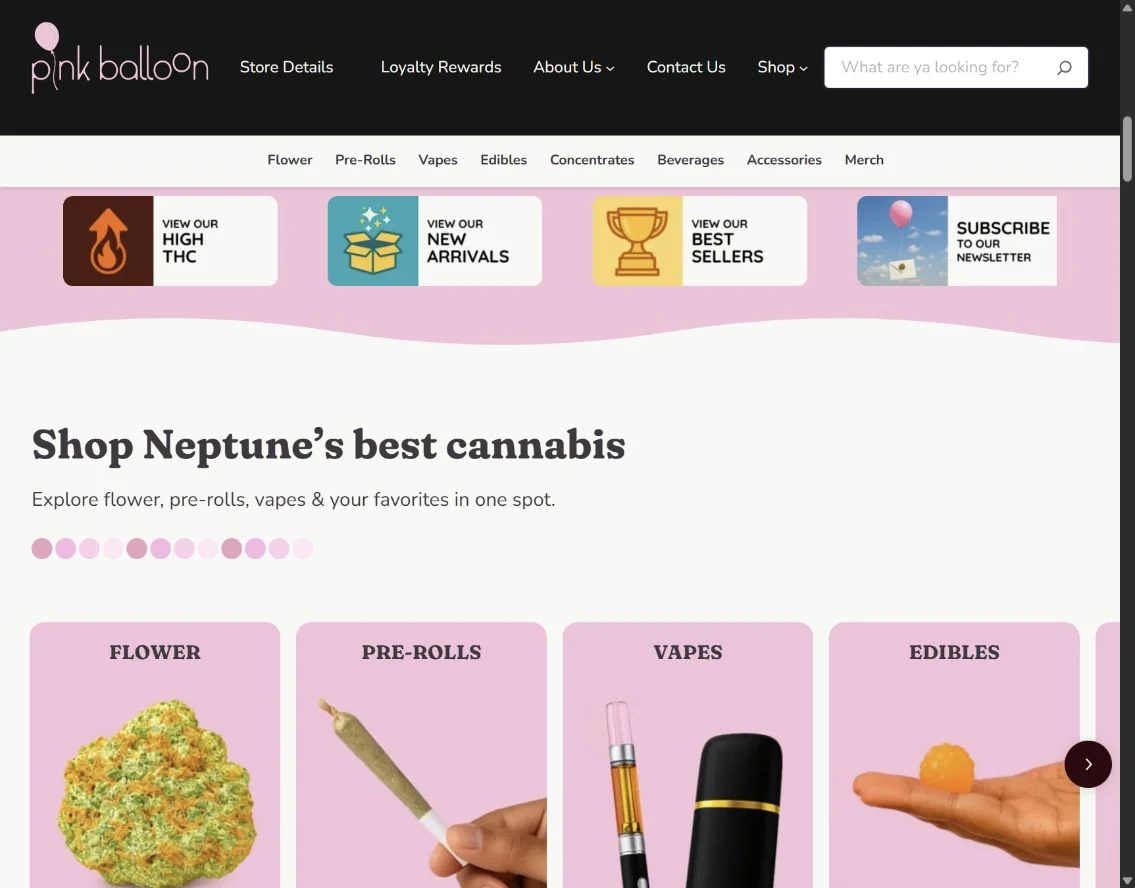 Pink Balloon’s existing desktop website, showing its branding and product-category experience