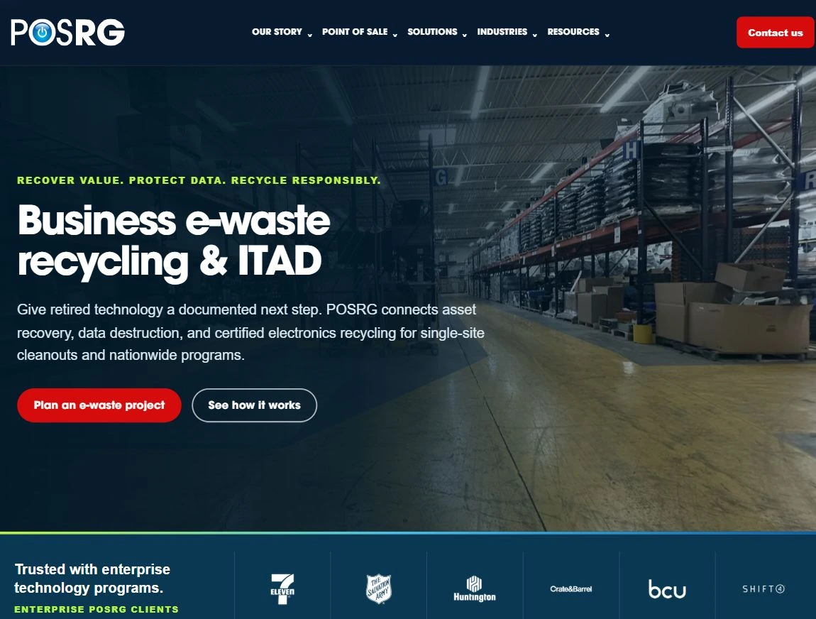 POSRG’s business e-waste recycling and ITAD page, designed and built by AV Social, showing the service offer and project inquiry action.