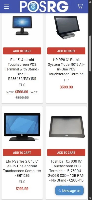 POSRG Outlet mobile touchscreen terminal catalog with hardware models and cart actions.