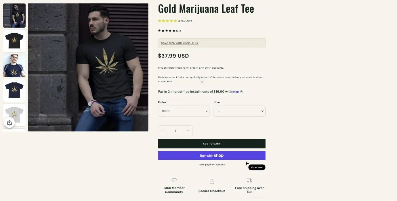 The Cannabis Community Shopify product page with apparel images, color and size options.