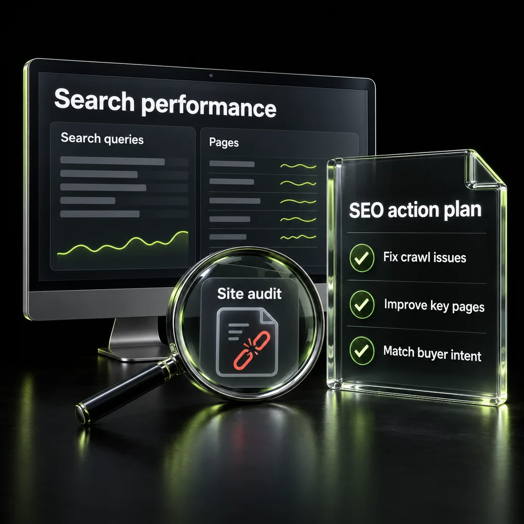 Illustration of an SEO review connecting search performance and site audit findings to a prioritized action plan.