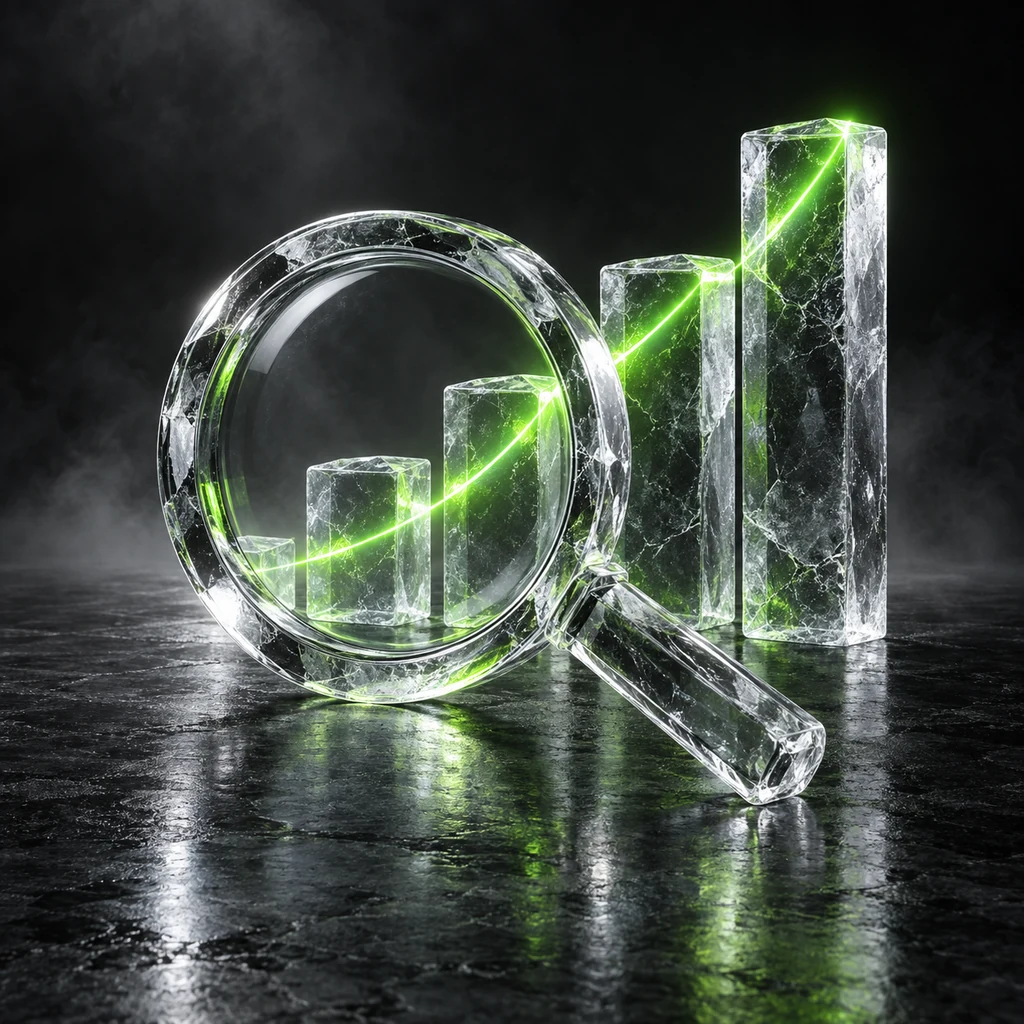 A glass search lens beside ascending illuminated blocks.