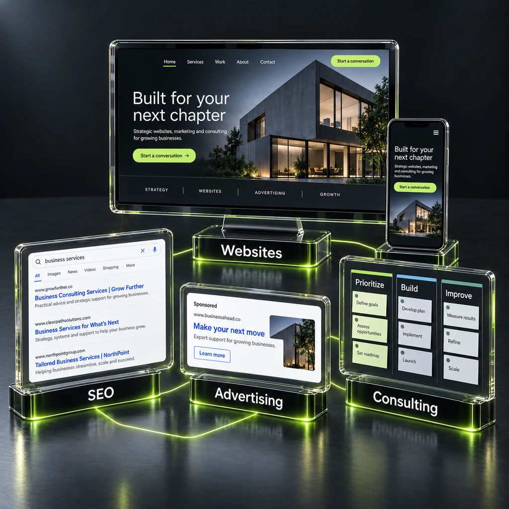 Illustration of connected website and mobile designs, search results, a sponsored ad and a consulting roadmap, representing AV Social Strategies’ four core services.