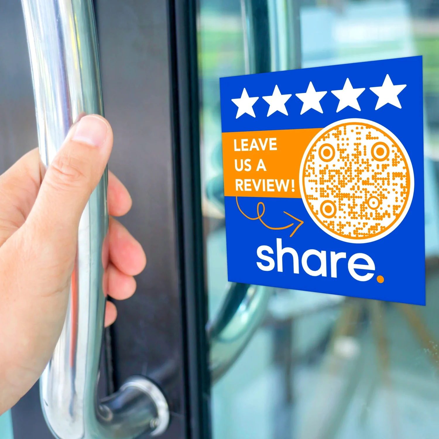 Share customer review QR window cling on the store exit.