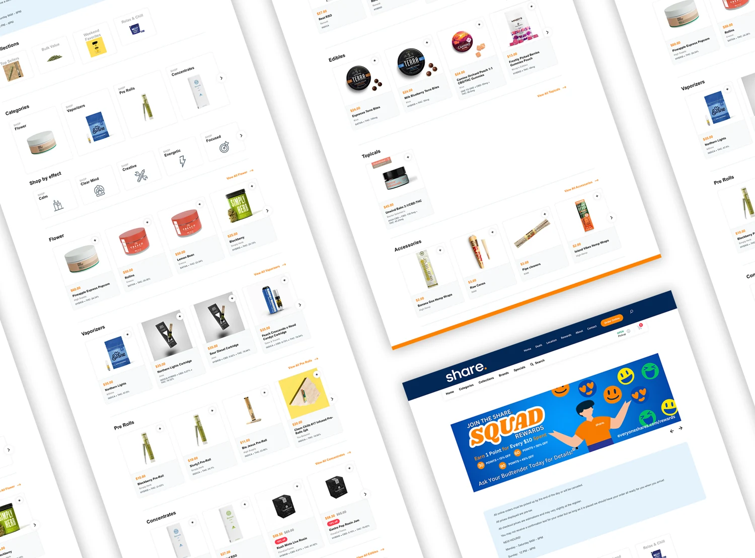 Share dispensary menu showing product categories, product detail and the Share Squad rewards invitation.