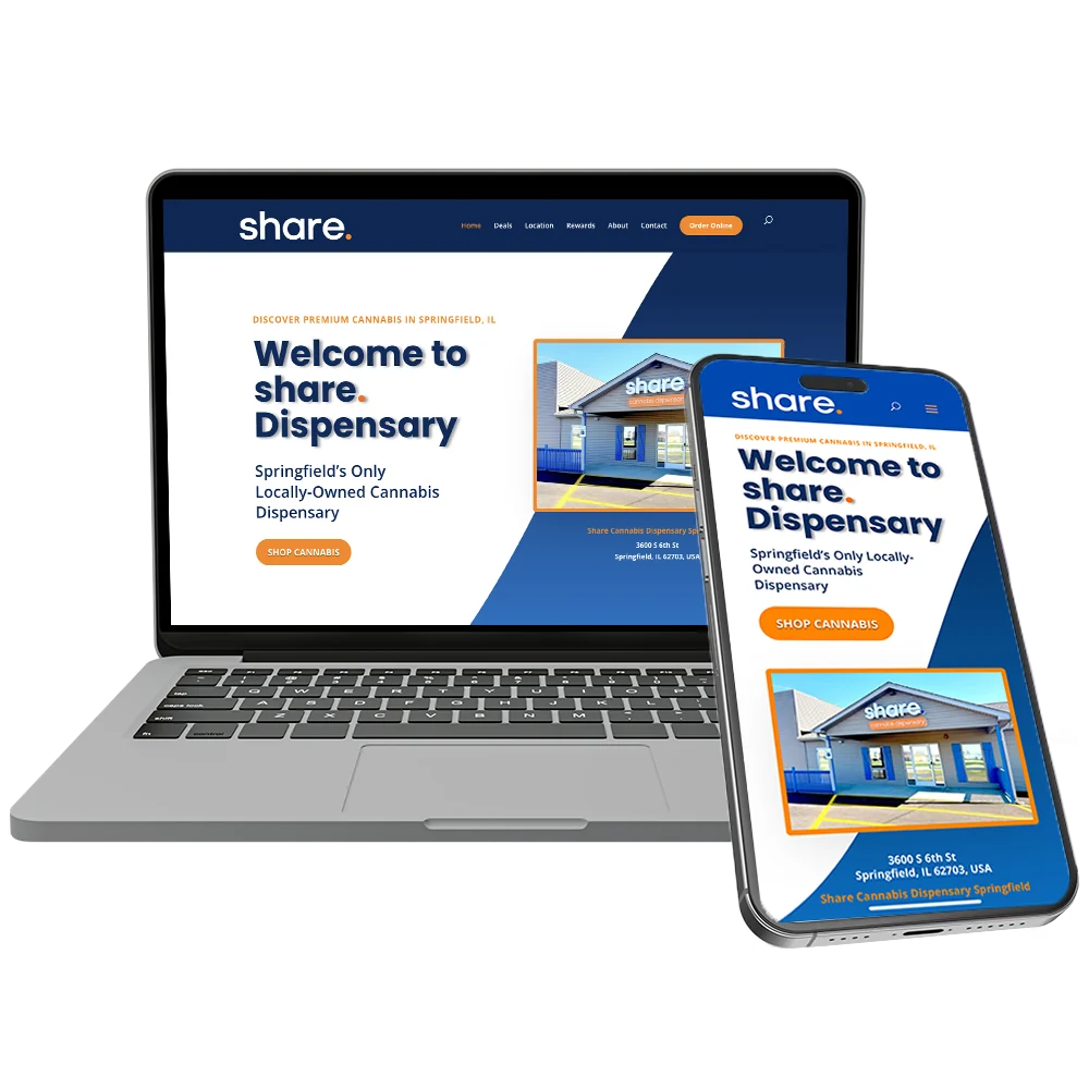 Share dispensary website displayed on a laptop and mobile phone.