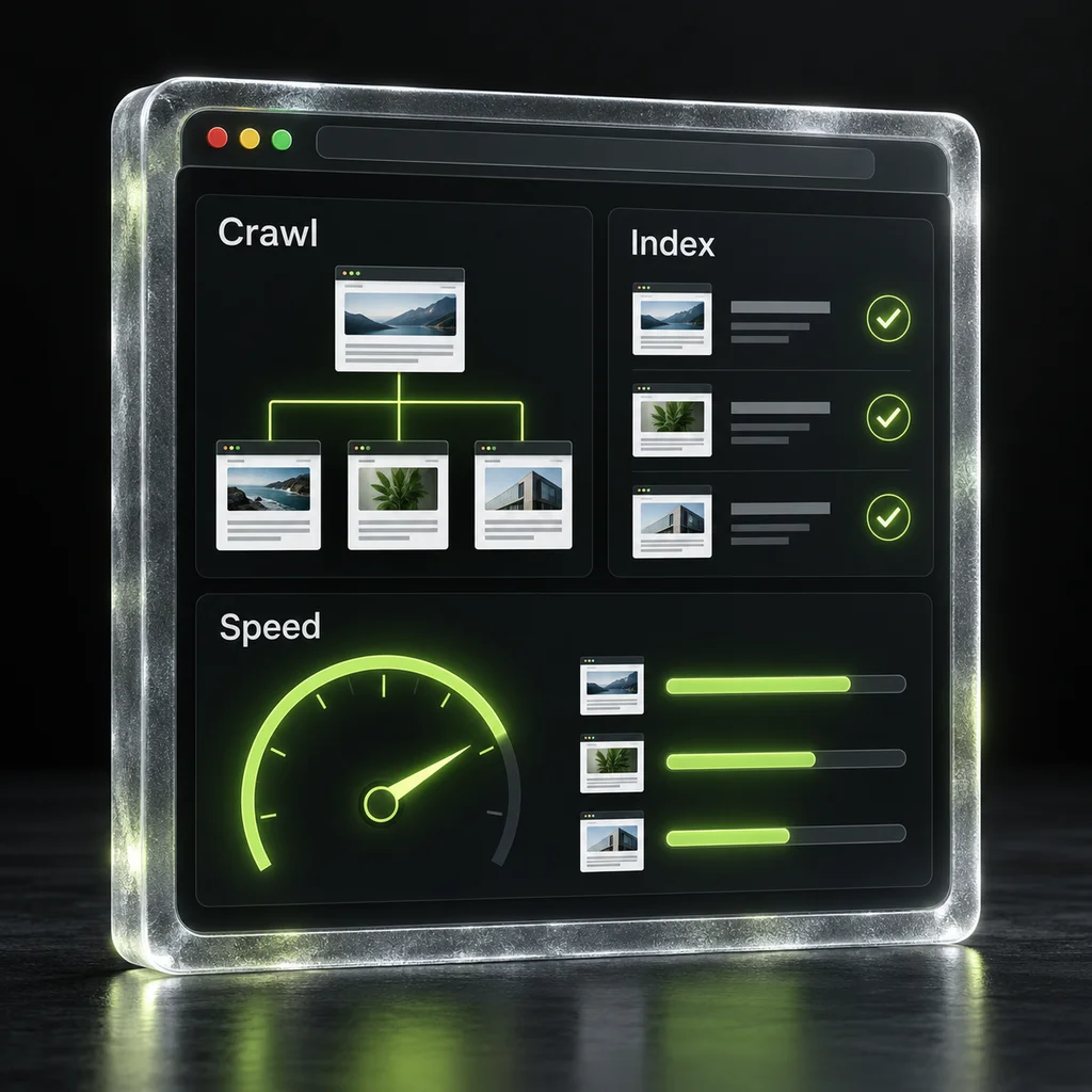 Glass browser illustration showing website crawl paths, indexed pages and a page-speed gauge.
