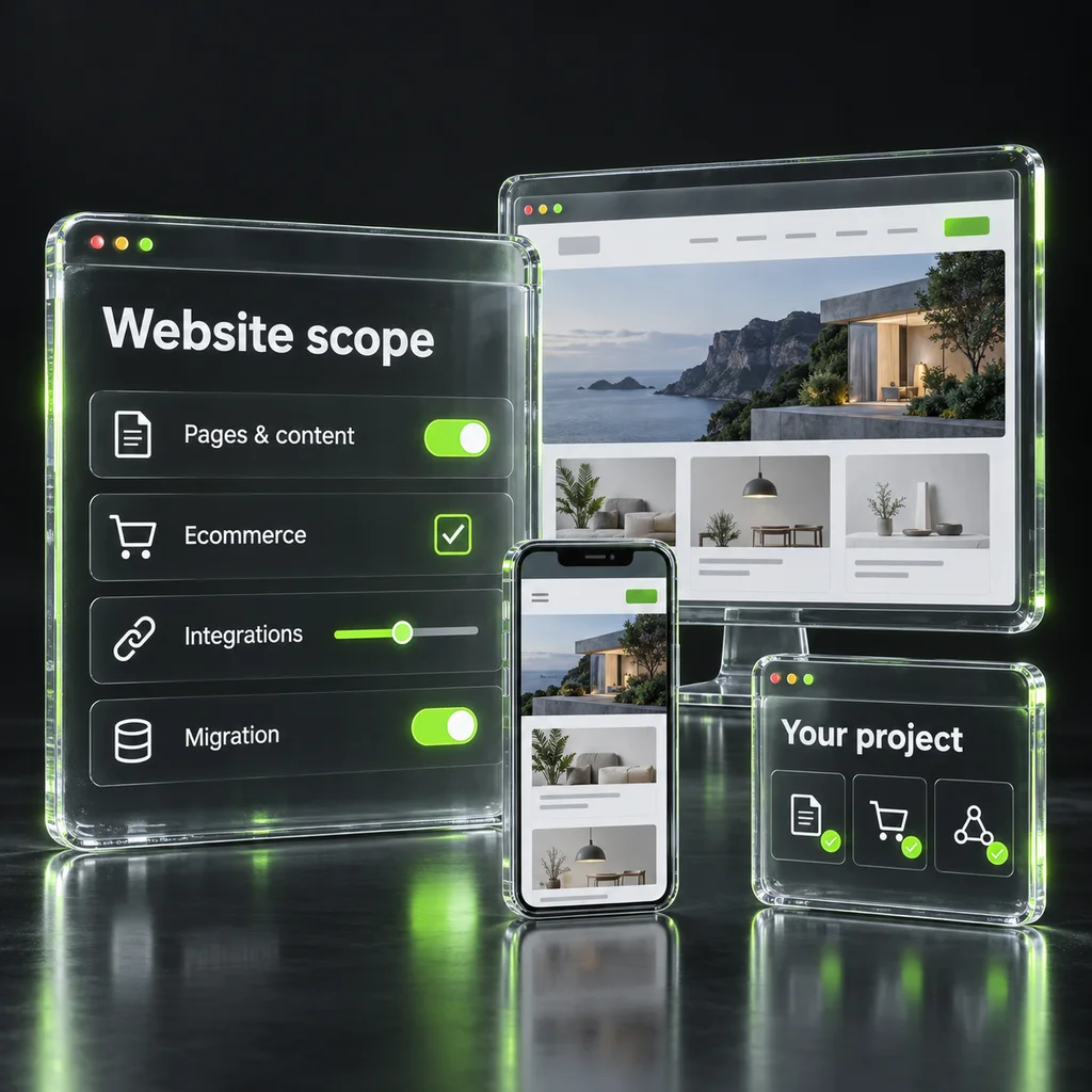 Illustration of website scope choices for pages, ecommerce, integrations and migration alongside desktop and mobile website layouts.