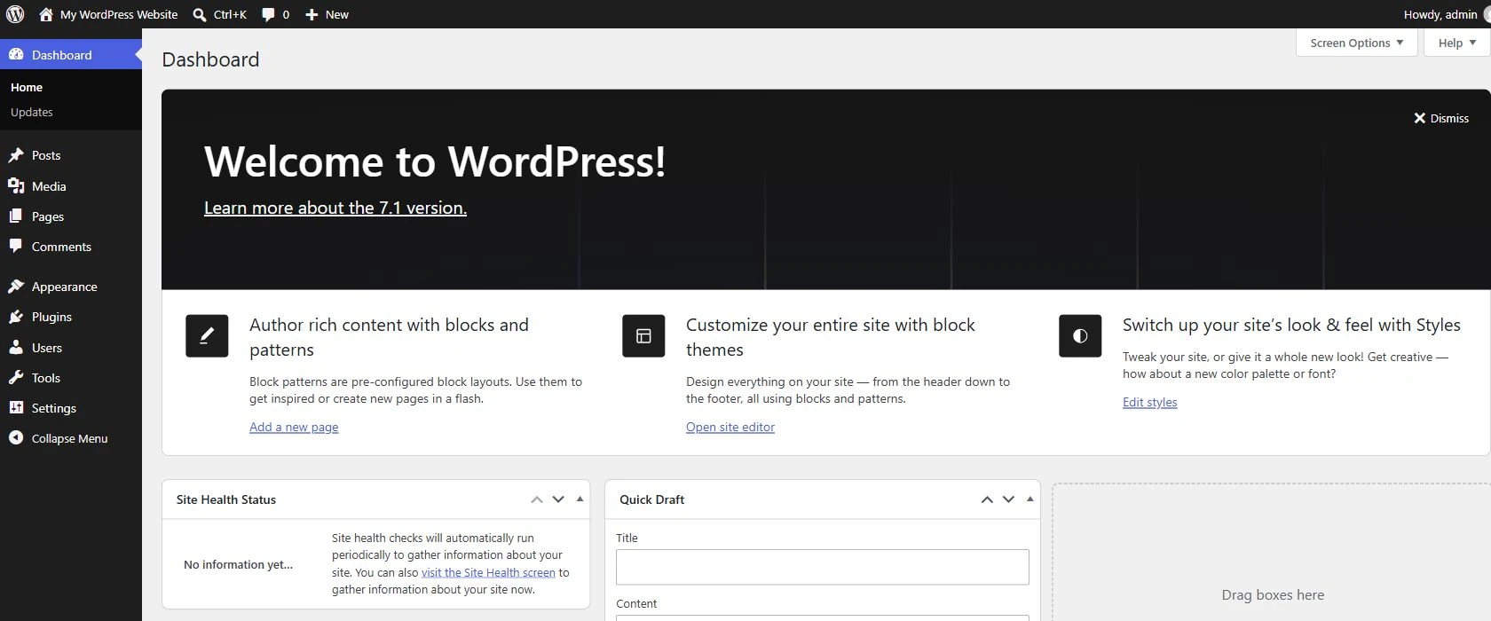 WordPress admin dashboard showing Pages, Media, Appearance, Plugins and site management tools.