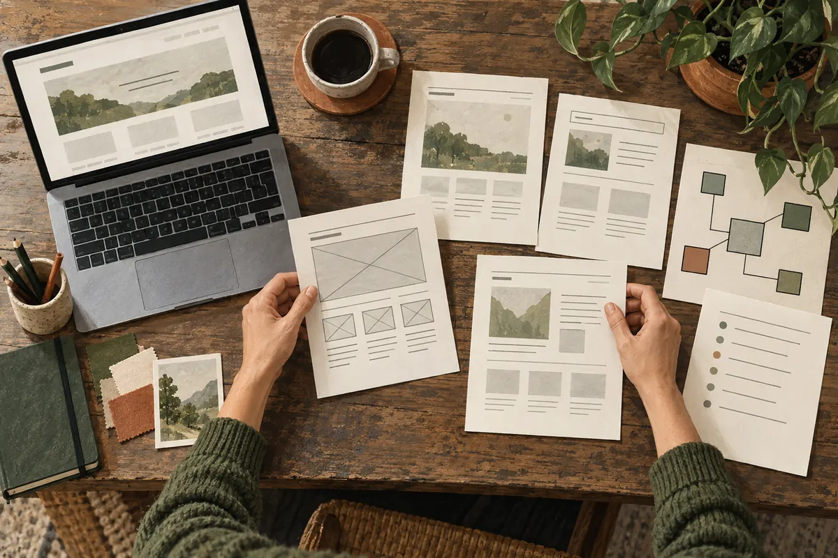 Illustrated website layouts, a connection map and scope documents arranged beside a laptop.