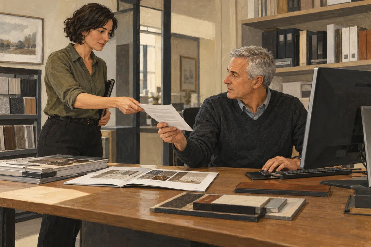 An illustrated colleague hands a specific inquiry to a salesperson at a workstation.