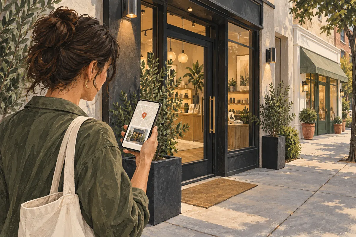 An illustrated adult shopper checks a phone map against a neighborhood storefront.
