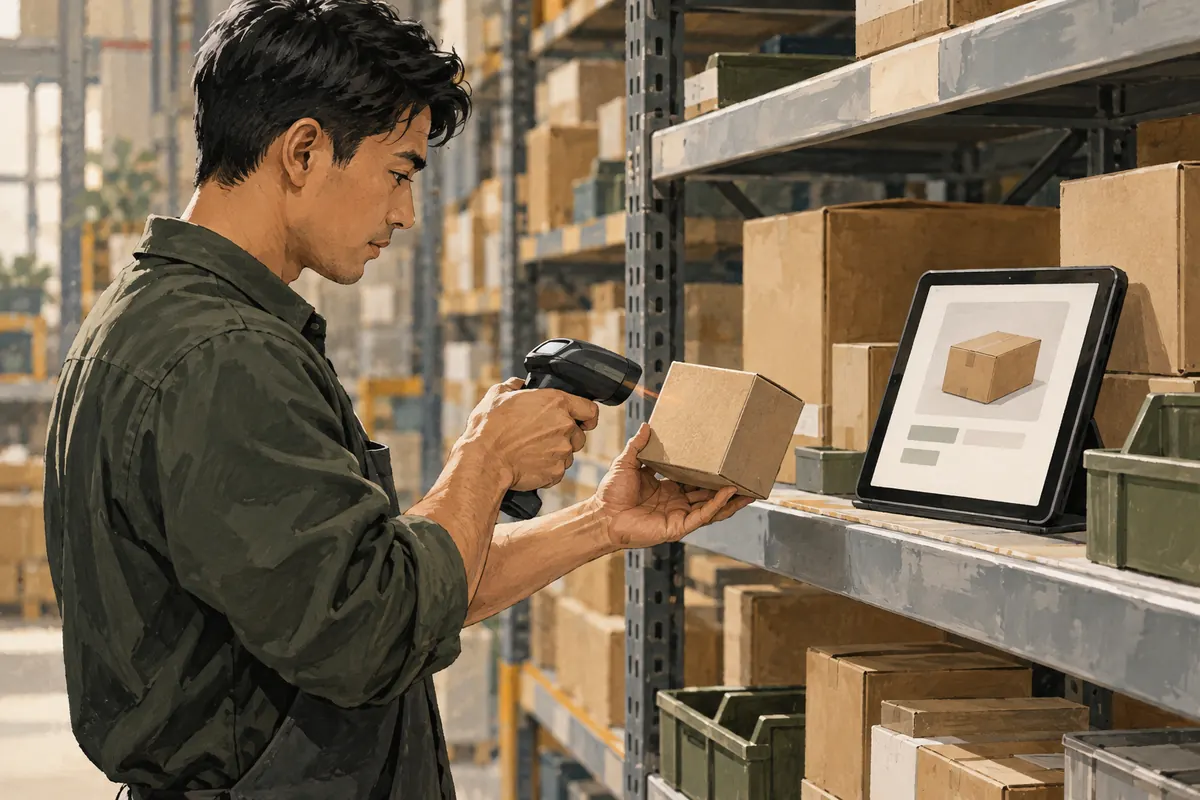 An illustrated warehouse worker scans a boxed item beside its digital product record.