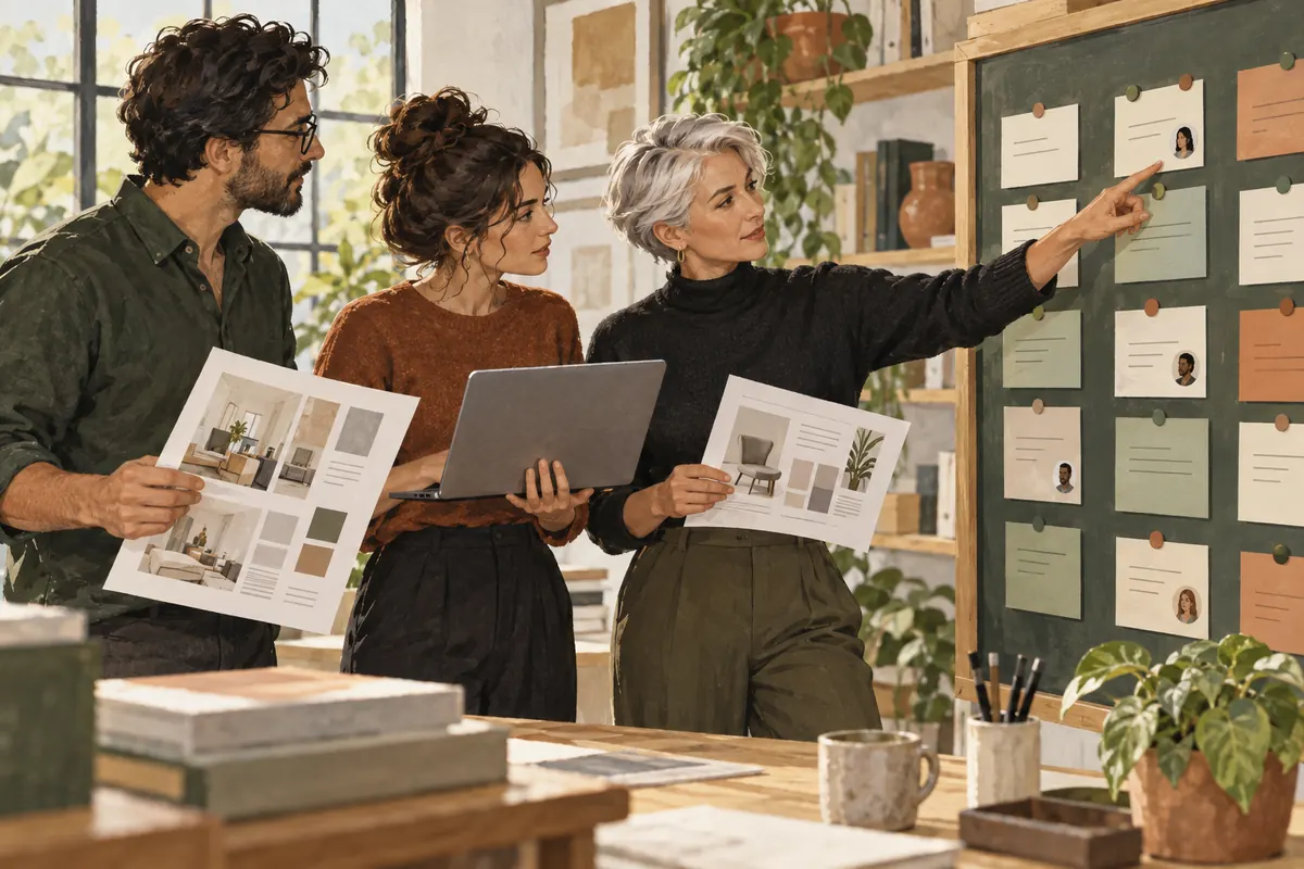 Three illustrated colleagues review tasks with named owners while holding different work materials.