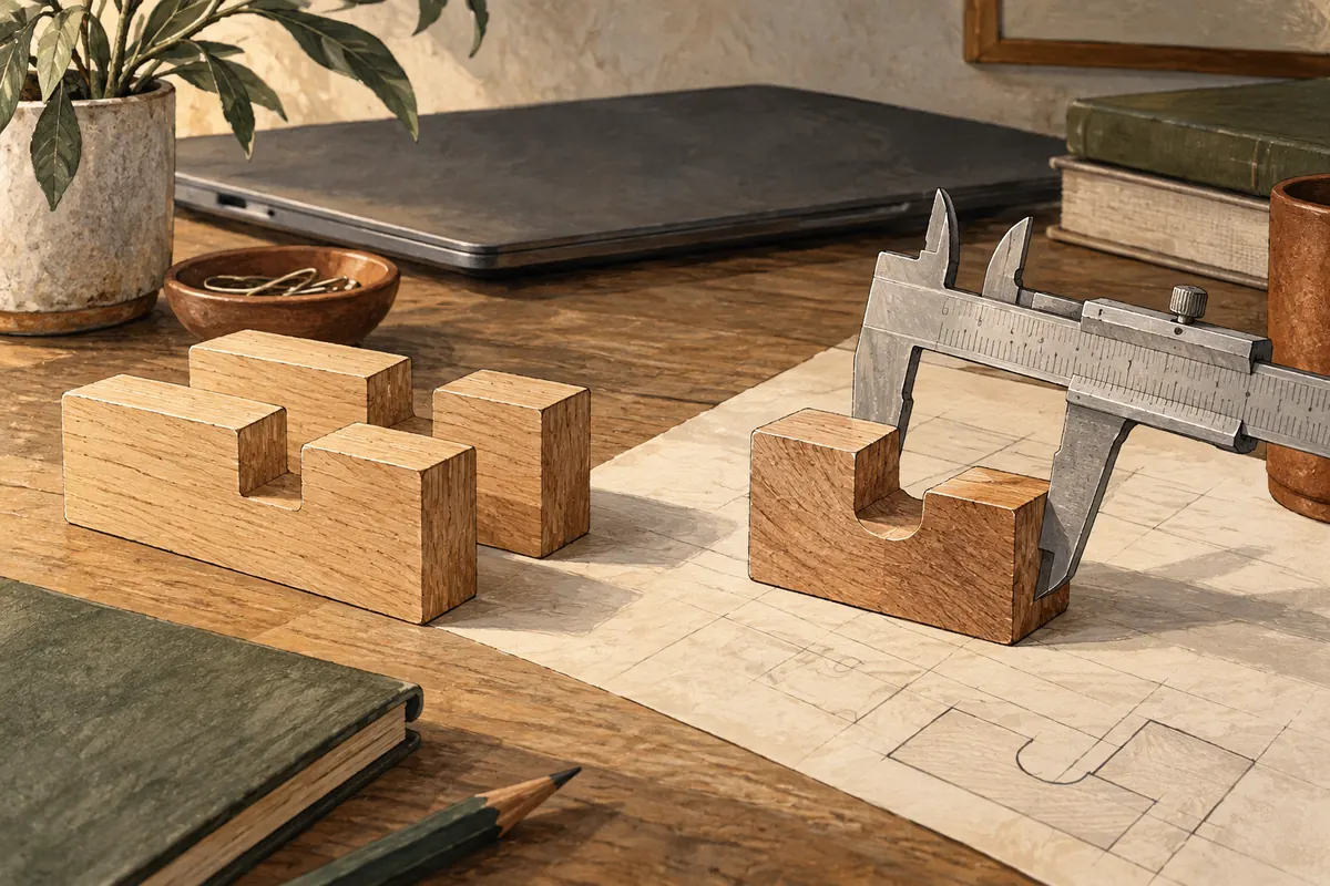 Standard wooden components and a shaped piece are measured with calipers in a conceptual illustration.