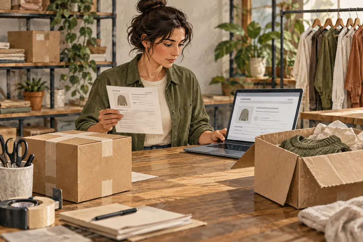 An illustrated shop operator compares an order slip and digital record beside a shipment and returned item.