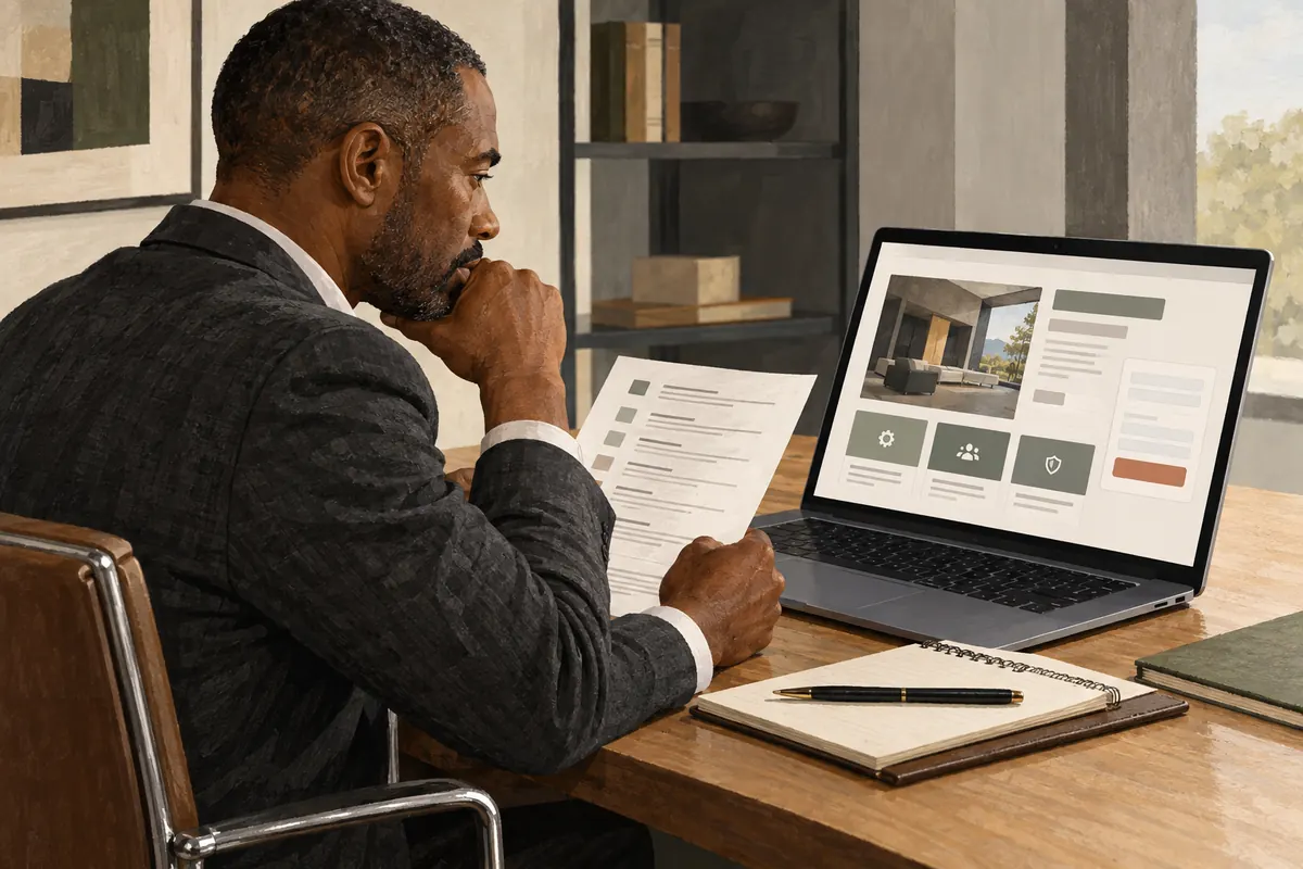 An illustrated business buyer compares a provider website with a sheet of requirements.