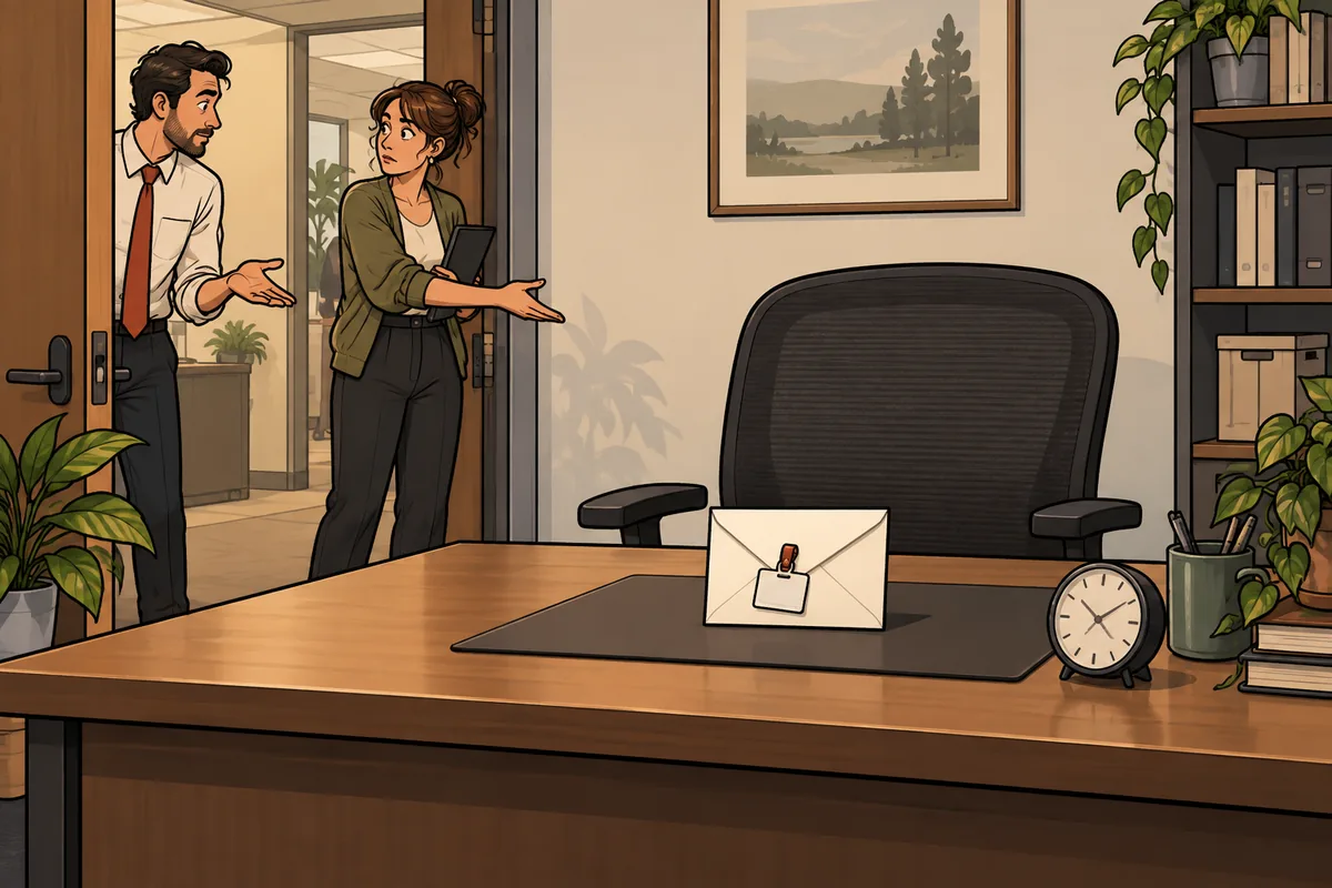 Original cartoon: an inquiry envelope waits at an empty desk while two colleagues gesture for someone else to take it.