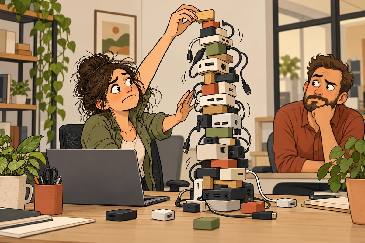 Original cartoon: a website manager adds another piece to a wobbling tower of adapters while a colleague watches skeptically.