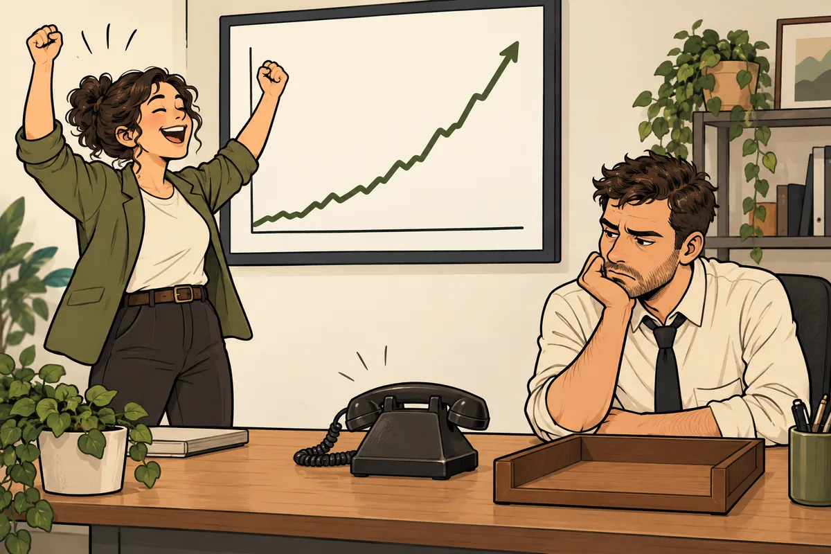 Original cartoon: a marketer celebrates a rising traffic graph while a salesperson waits beside a silent telephone and empty inbox.