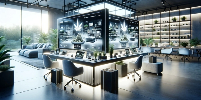 A modern cannabis dispensary interior with sleek digital product displays, ambient lighting, and comfortable seating areas, indicating a high-tech shopping experience.