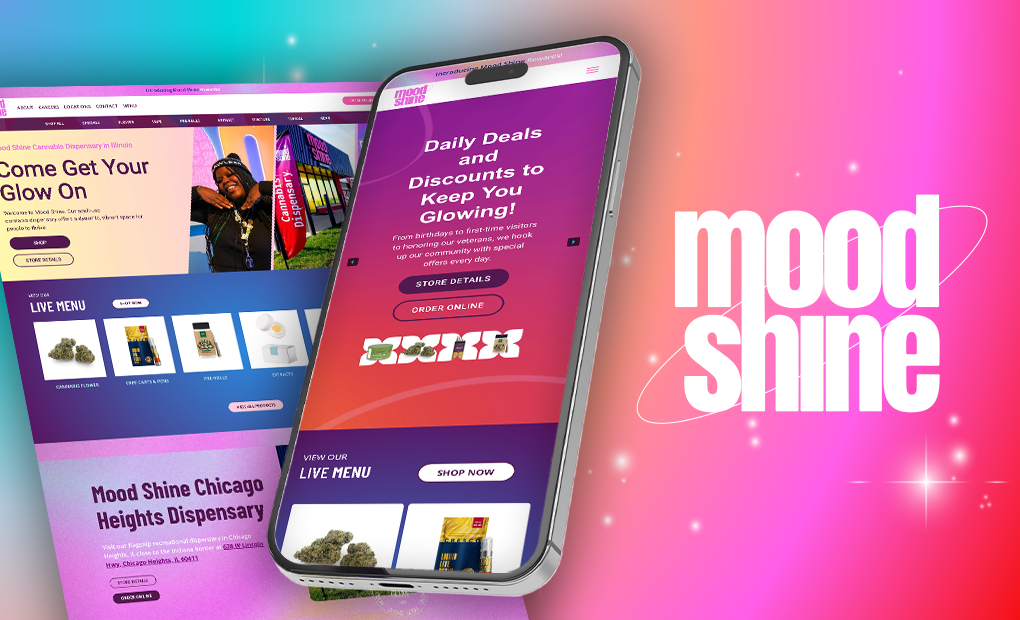 Mood shine portfolio laptop and cellphone mockup card with logo against magenta blue space mood background