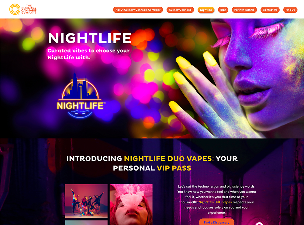 Vibrant promotional webpage for Nightlife Duo Vapes by The Culinary Cannabis Company. The hero section features a colorful, neon-lit image of a woman with glowing makeup and bokeh background lights. Text reads “NIGHTLIFE – Curated vibes to choose your NightLife with,” alongside the Nightlife logo showing a city skyline and crescent moon. Below, a headline introduces the product as “Your Personal VIP Pass.” The section includes party imagery and a description emphasizing personalized experiences and mood-focused cannabis vaping. The header menu offers links to various Culinary Cannabis Company pages.