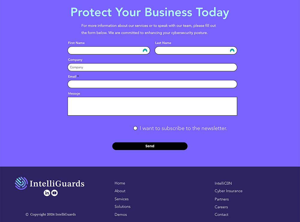 IntelliGuards website contact section with a purple background featuring a headline that reads 'Protect Your Business Today.' Includes a contact form with fields for first name, last name, company, email, and message, plus an option to subscribe to the newsletter. A black 'Send' button is below the form. The footer contains social media icons, site navigation links, and the IntelliGuards logo with a copyright notice.
