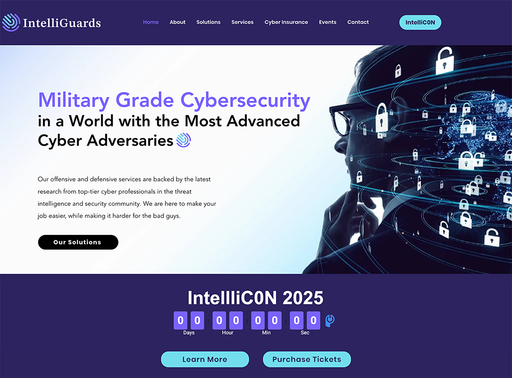 Homepage of IntelliGuards cybersecurity website featuring a bold headline 'Military Grade Cybersecurity in a World with the Most Advanced Cyber Adversaries' alongside a digital profile of a person overlaid with lock icons representing data protection. A navigation menu includes links to Home, About, Solutions, Services, Cyber Insurance, Events, and Contact. Below is a countdown timer and buttons for learning more and purchasing tickets for 'IntelliCON 2025.'