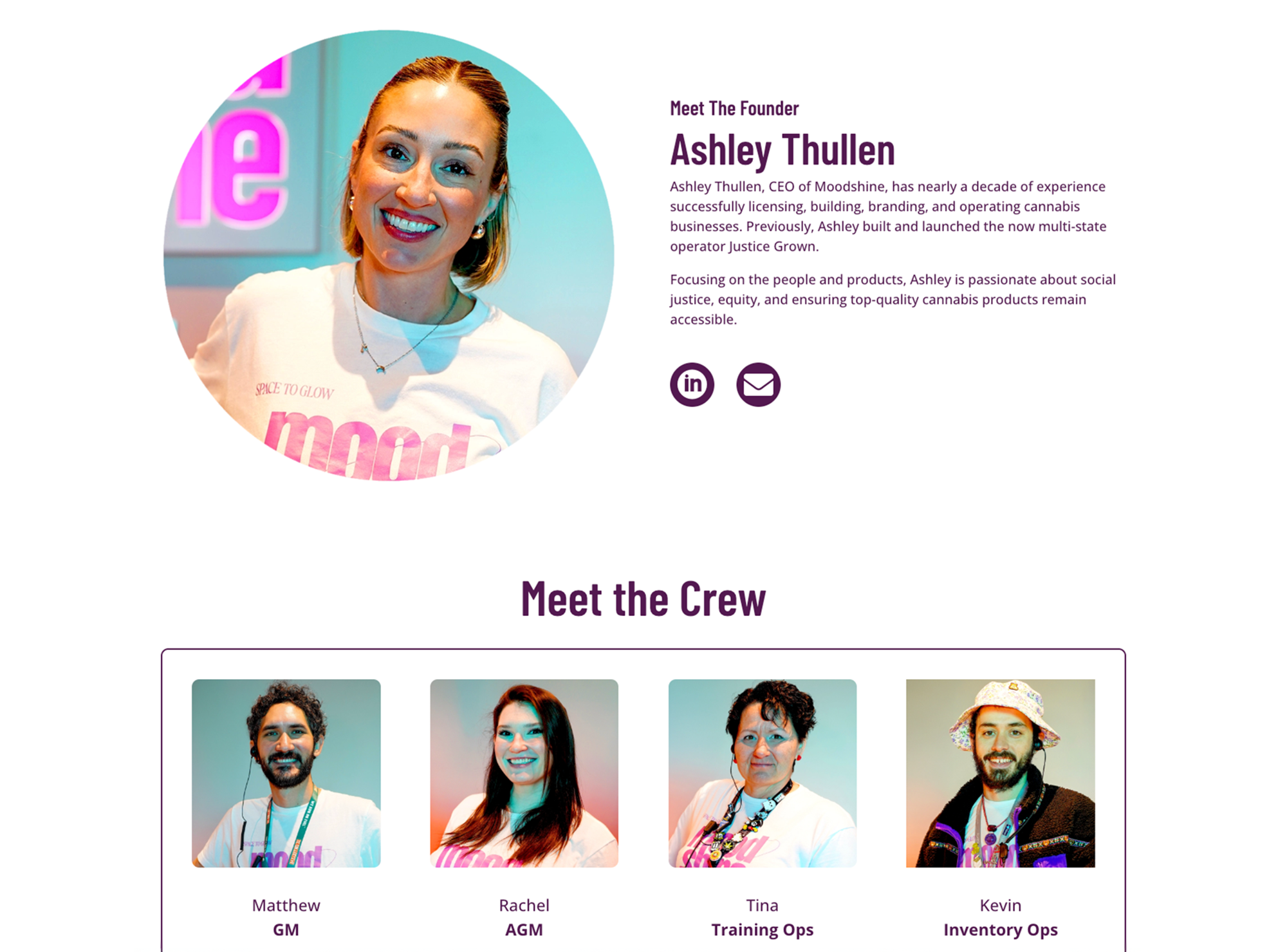Mood Shine About page section featuring founder Ashley Thullen at the top, smiling and wearing a white Mood Shine shirt. Text highlights her decade of experience in the cannabis industry and passion for equity and accessibility. Social icons for LinkedIn and email are shown below her bio. The section below is titled "Meet the Crew" and includes profile photos and roles of team members: Matthew (GM), Rachel (AGM), Tina (Training Ops), and Kevin (Inventory Ops), all wearing branded Mood Shine apparel.