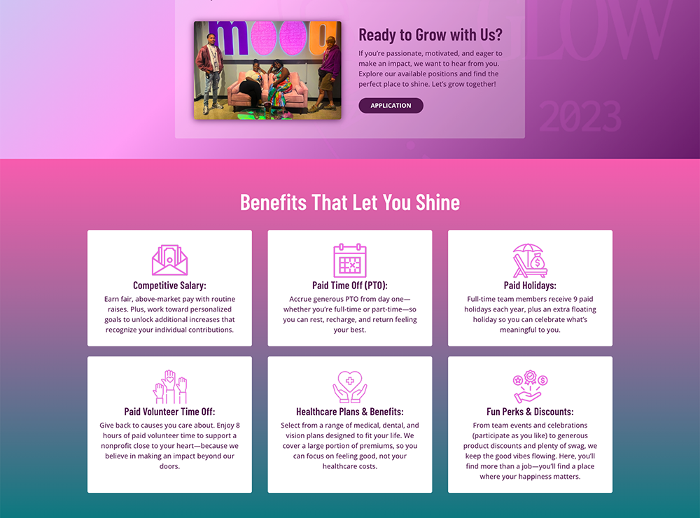 Mood Shine Dispensary careers page showcasing employee benefits. The top section features a photo of four diverse staff members seated on a pink couch with a "mood" backdrop, and a call-to-action that reads "Ready to Grow with Us?" with an "Application" button. The lower section titled "Benefits That Let You Shine" lists six illustrated employee perks in white boxes over a pink-to-purple gradient: Competitive Salary, Paid Time Off (PTO), Paid Holidays, Paid Volunteer Time Off, Healthcare Plans & Benefits, and Fun Perks & Discounts. Each benefit is paired with a pink icon and brief description.