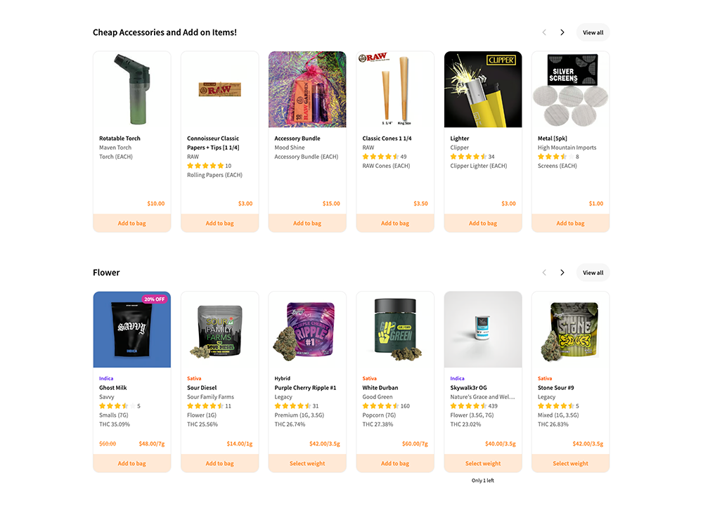 Middle section of the Mood Shine dispensary menu page displaying 'Cheap Accessories and Add-on Items' and 'Flower' product listings. Accessories include a rotatable torch, RAW rolling papers and cones, a Mood Shine accessory bundle, Clipper lighter, and metal screens—priced between $1.00 and $15.00. Below, the flower section features various cannabis strains such as Ghost Milk, Sour Diesel, Purple Cherry Ripple #1, White Durban, Skywalker OG, and Stone Sour #9, with pricing, THC percentages, and 'Add to bag' or 'Select weight' options.