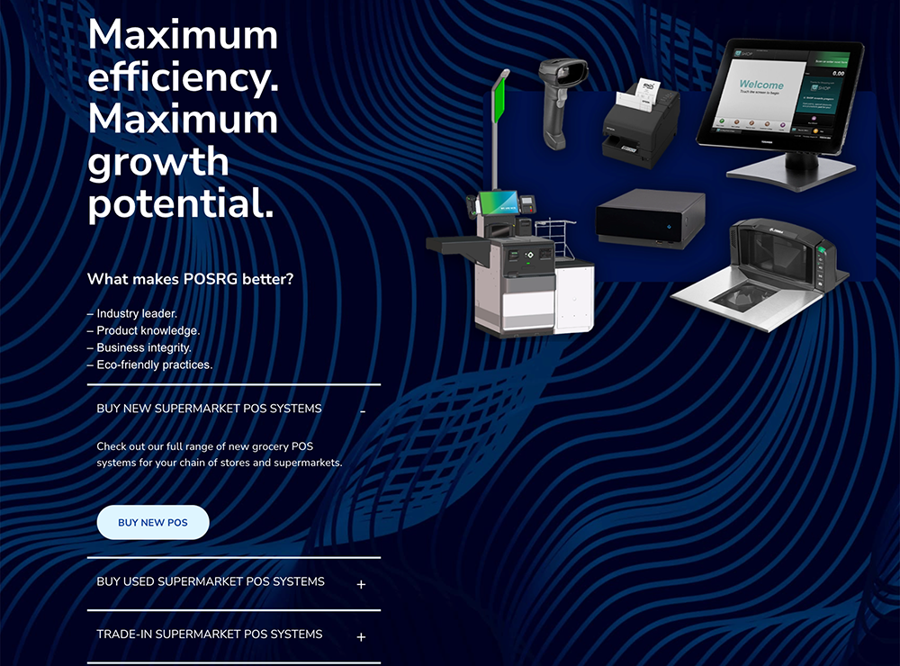 Bottom section of the POSRG grocery POS systems webpage featuring a dark blue wavy background with the text 'Maximum efficiency. Maximum growth potential.' on the left. Highlights POSRG’s strengths including industry leadership, product knowledge, business integrity, and eco-friendly practices. Includes expandable menu options for buying new, used, or trade-in supermarket POS systems. On the right, various supermarket point-of-sale hardware components are shown, including a touchscreen terminal, receipt printer, barcode scanner, self-checkout unit, and cash drawer.