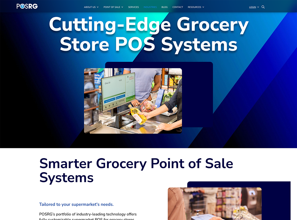 Top section of POSRG’s grocery store POS systems webpage with a headline that reads 'Cutting-Edge Grocery Store POS Systems.' A background with bold blue gradients frames a central image of a customer checking out at a grocery store using a touchscreen POS terminal. Below, the subheading 'Smarter Grocery Point of Sale Systems' introduces fully customizable POS technology tailored to supermarket needs.