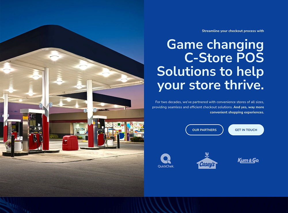Bottom section of POSRG’s webpage promoting convenience store (C-Store) POS solutions. On the left, an image of a brightly lit gas station with red and white fuel pumps at dusk. On the right, a blue panel with white text reads: 'Game changing C-Store POS Solutions to help your store thrive,' highlighting POSRG’s experience with convenience stores of all sizes. Includes buttons labeled 'Our Partners' and 'Get in Touch,' along with logos for QuickChek, Casey’s, and Kum & Go.