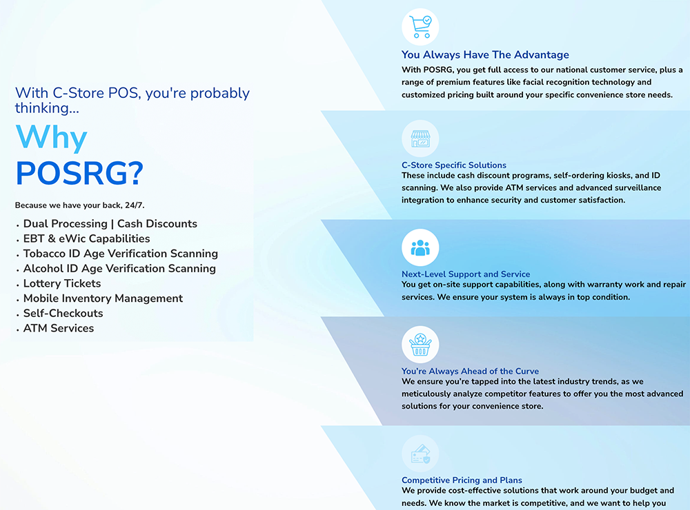 Middle section of POSRG’s C-Store POS solutions page with the headline 'Why POSRG?' followed by a list of key features including dual processing, EBT & eWIC capabilities, ID age verification scanning, lottery tickets, mobile inventory management, self-checkouts, and ATM services. The right side highlights five benefits with icons: customer service advantage, C-store specific solutions, next-level support, staying ahead of industry trends, and competitive pricing and plans. The layout uses a soft gradient background with blue geometric accents.
