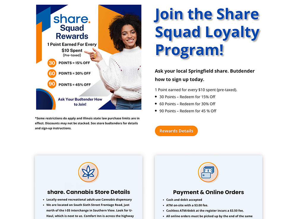 Middle section of the Share. dispensary website promoting the Share Squad Loyalty Program. On the left, a graphic features a smiling woman next to a chart explaining the rewards system: 1 point earned per $10 spent (pre-taxed), with redemptions of 15% off at 30 points, 30% off at 60 points, and 45% off at 90 points. On the right, a bold headline encourages customers to join. Below, sections outline store location details and payment options, including ATM fees and cashless checkout policies.