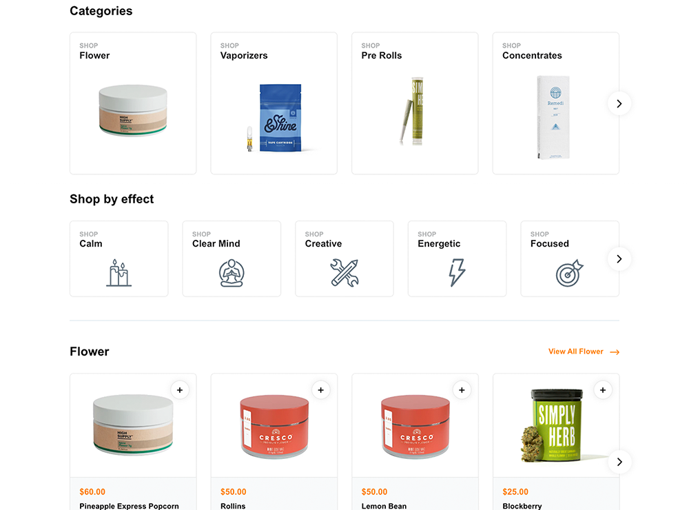 Middle section of Share. dispensary online menu page displaying product categories and effects. Categories include Flower, Vaporizers, Pre Rolls, and Concentrates with accompanying images. Effects-based shopping options feature Calm, Clear Mind, Creative, Energetic, and Focused icons. Below, the Flower section showcases cannabis products like Pineapple Express Popcorn ($60), Cresco Rollins ($50), Cresco Lemon Bean ($50), and Simply Herb Blackberry ($25), each with product images and prices.