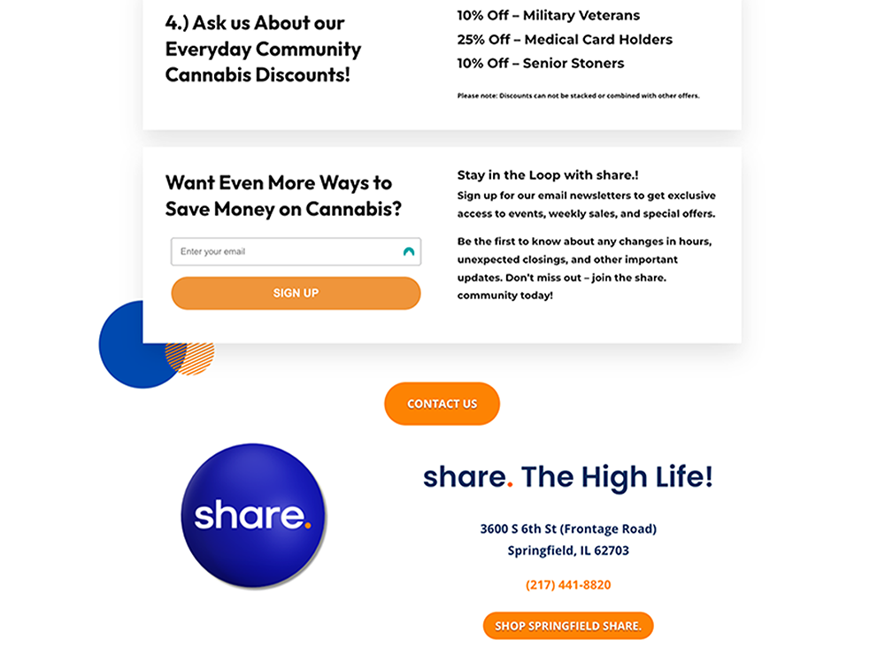 Bottom section of the Share. cannabis dispensary rewards page promoting community discounts and newsletter signup. Offers include 10% off for veterans and seniors, and 25% off for medical card holders. A signup form invites users to stay updated on events, sales, and store changes. The section includes a 'Contact Us' button, store address in Springfield, IL, phone number, and a call-to-action button labeled 'Shop Springfield Share.